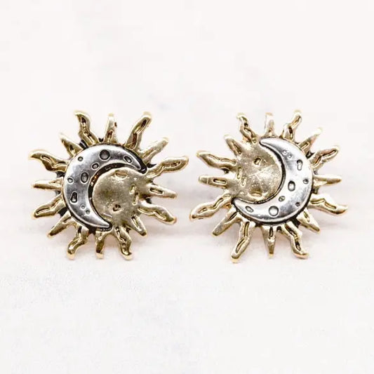 Sun and Moon Two Tone Plating Sunburst Post Stud Earrings - GOLD/SILVER