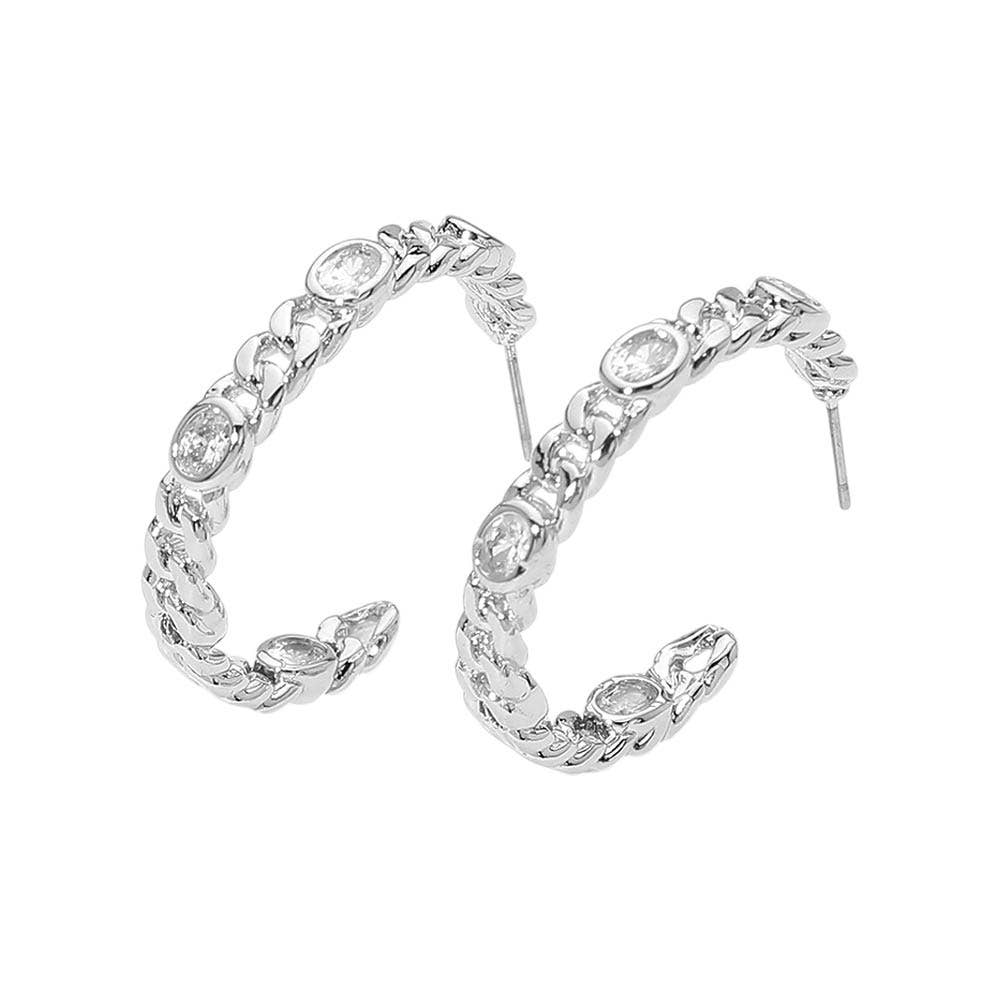 14K Gold Plated Oval CZ Stone Accent Chain Hoop Earrings