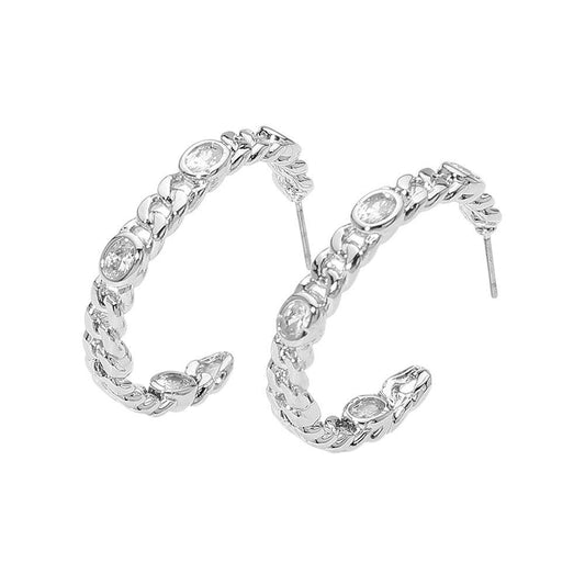 14K Gold Plated Oval CZ Stone Accent Chain Hoop Earrings
