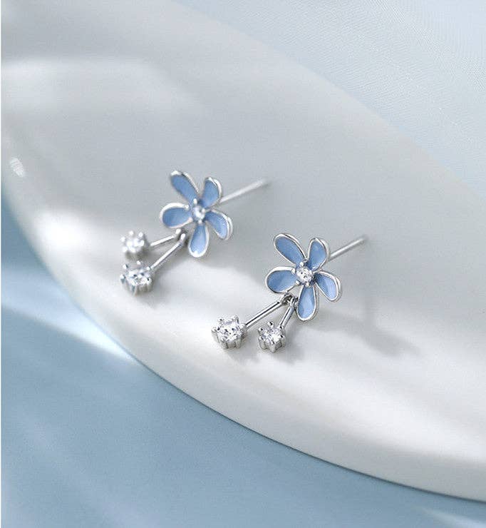 Blue Enamel Flower Stud Drop Earrings in 925 Sterling Silver