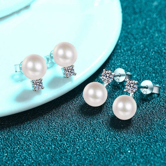 Moissanite Pearl Stud Drop Earrings in 925 Sterling Silver