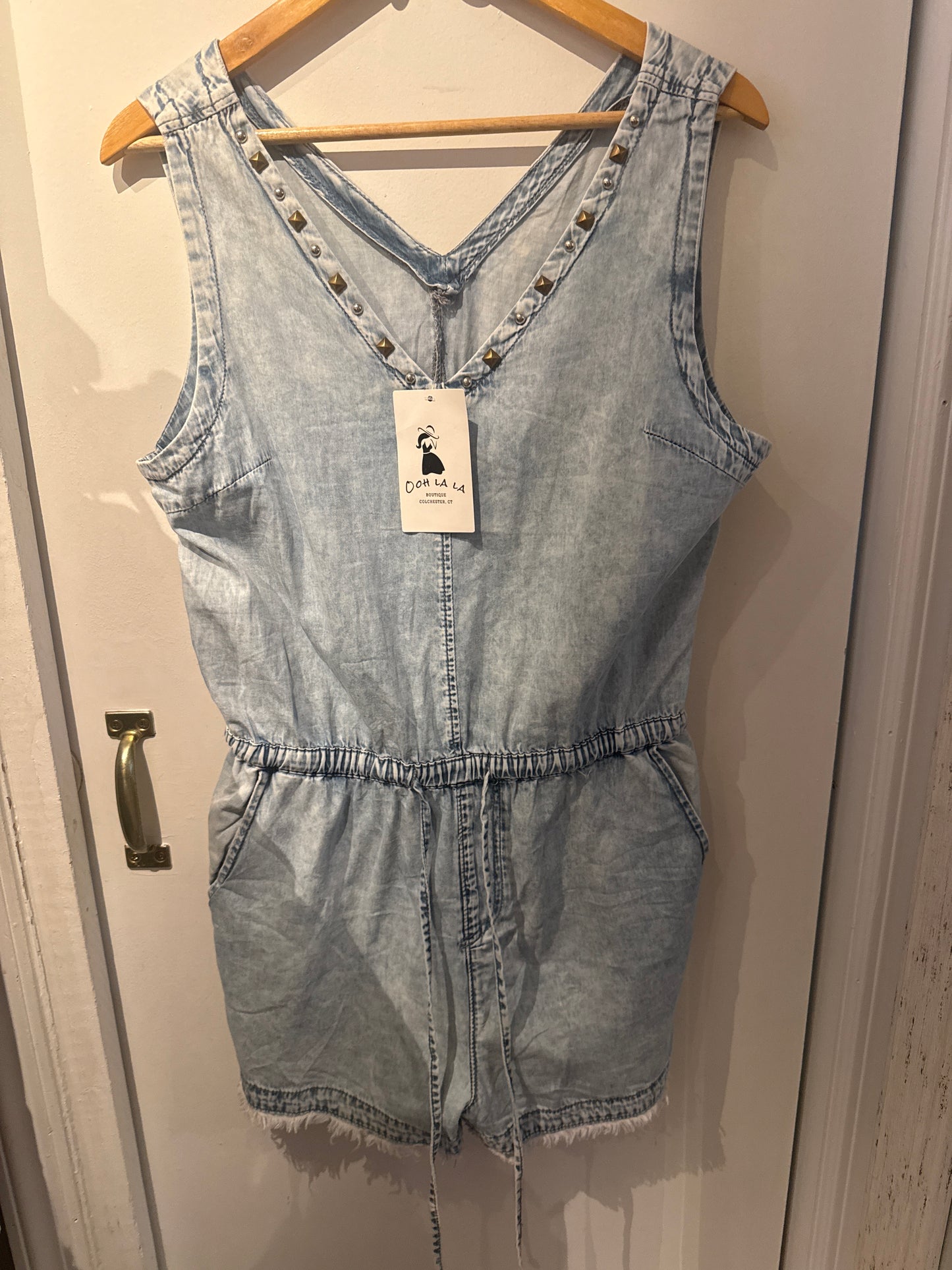 Blue Studded V-Neck Denim Romper