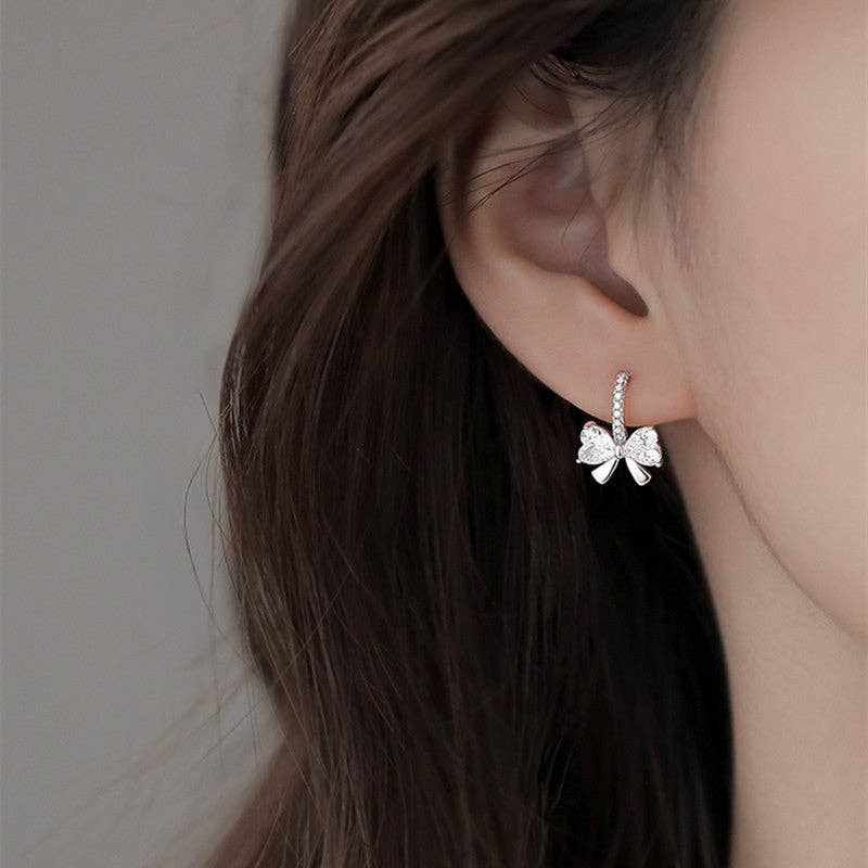 Dainty Bow Tie Wedding Hoop Earrings in 925 Sterling Silver