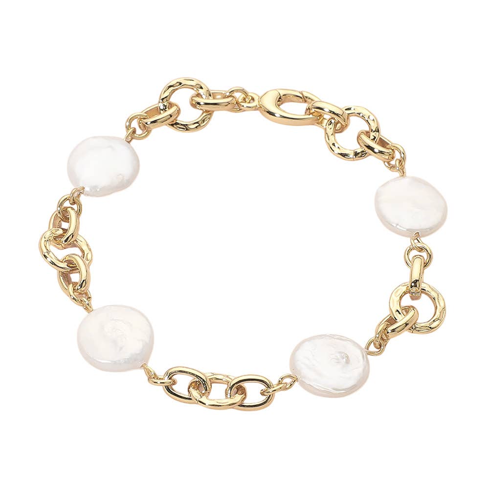 18K Gold Dipped Freshwater Pearl Station Link Chain Bracelet