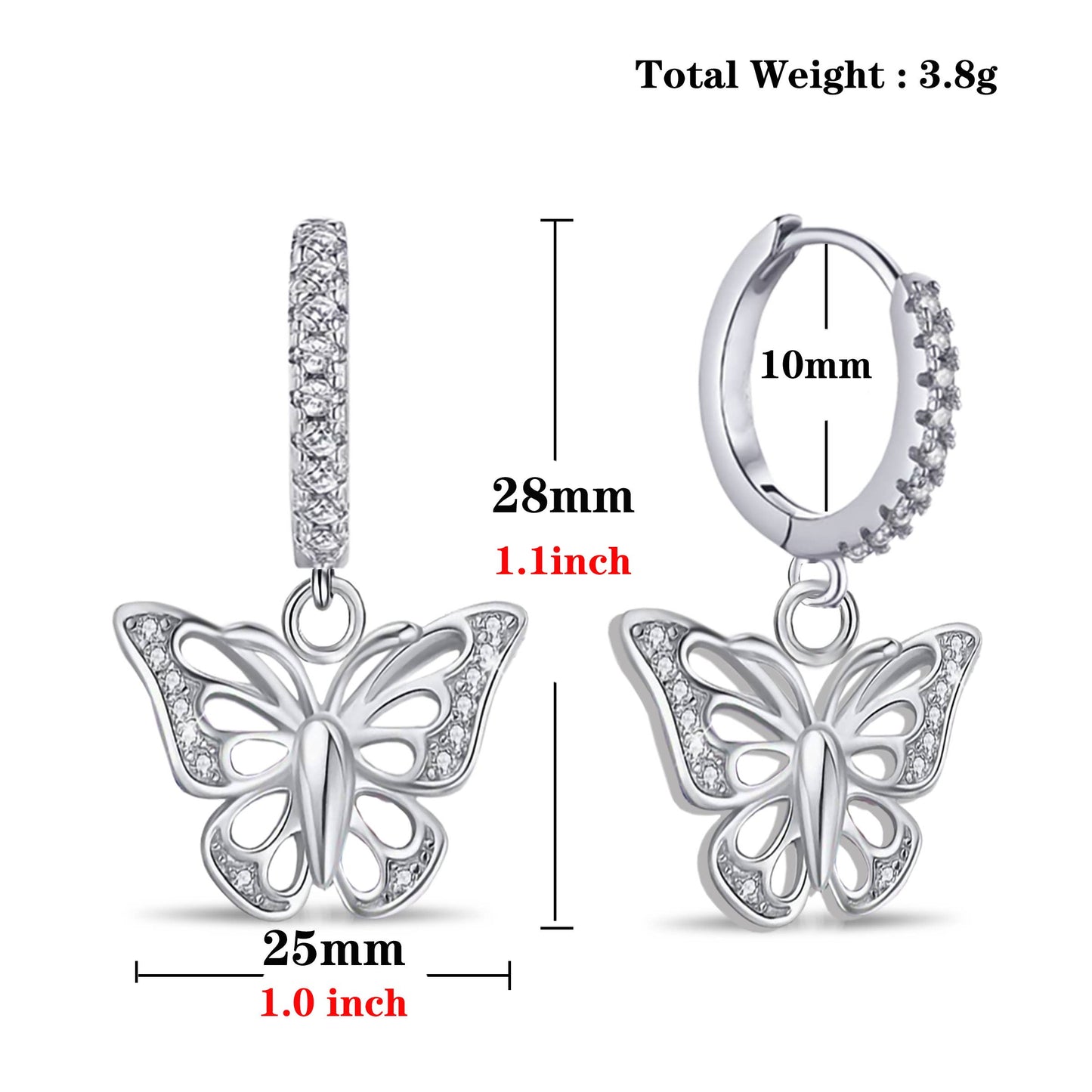 Butterfly Dangle Hoop Earrings 14k White Gold Plated