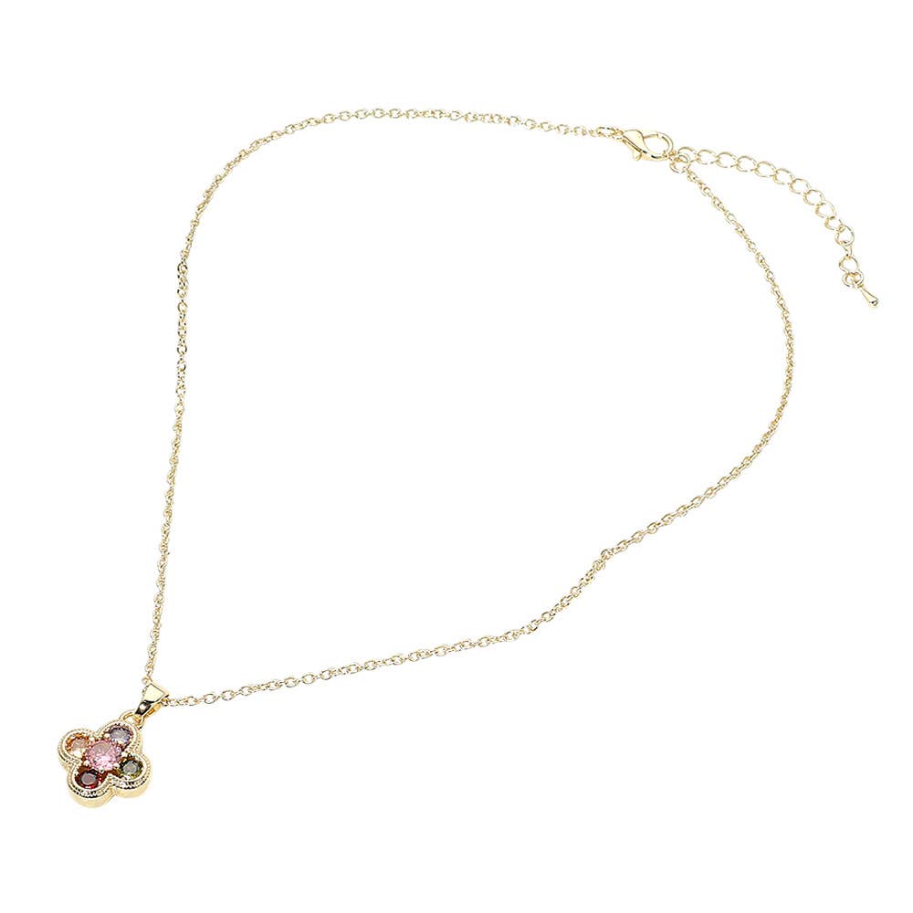 14K Gold Plated Colorful CZ Stone Quatrefoil Pendant Necklace