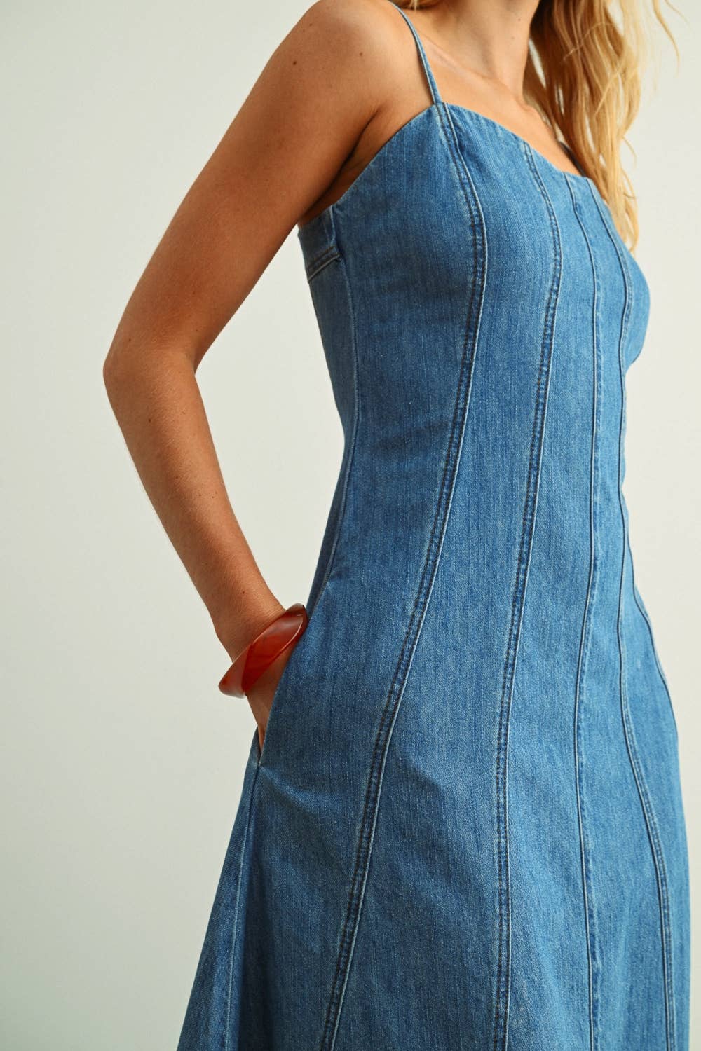 PANELED MAXI WASHED DENIM DRESS