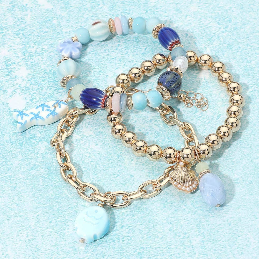 Ceramic Fish Ocean Pearl Charm Beaded Multi Layered Bracelets