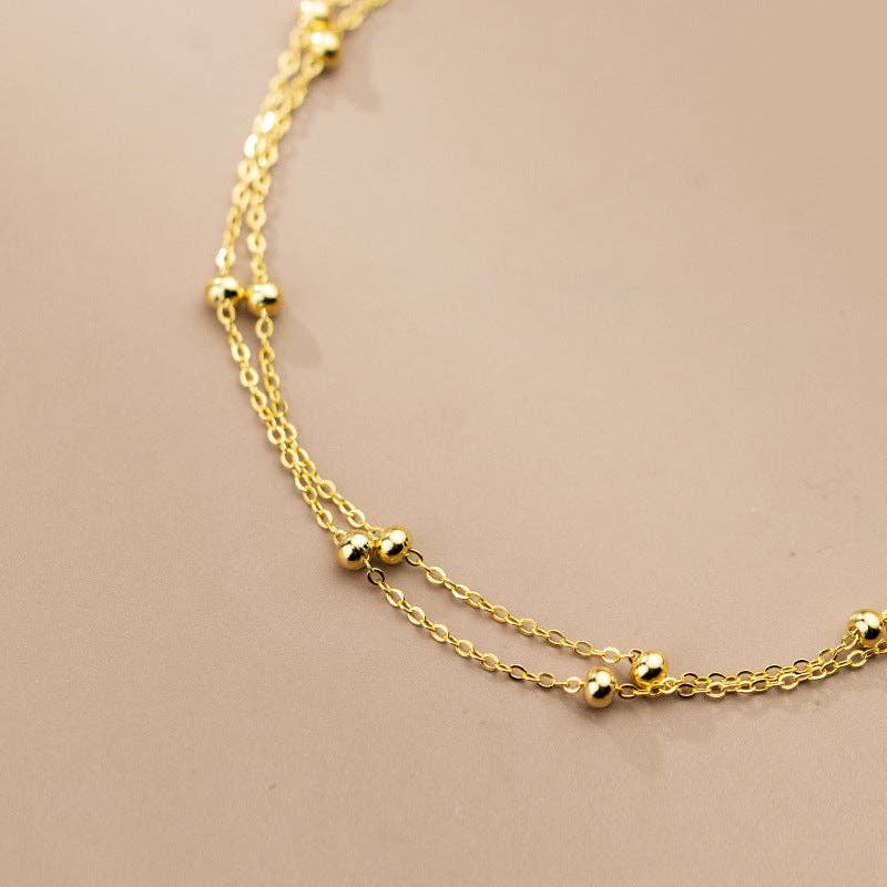 Dainty Bead Double Chain Anklet in 925 Sterling Silver