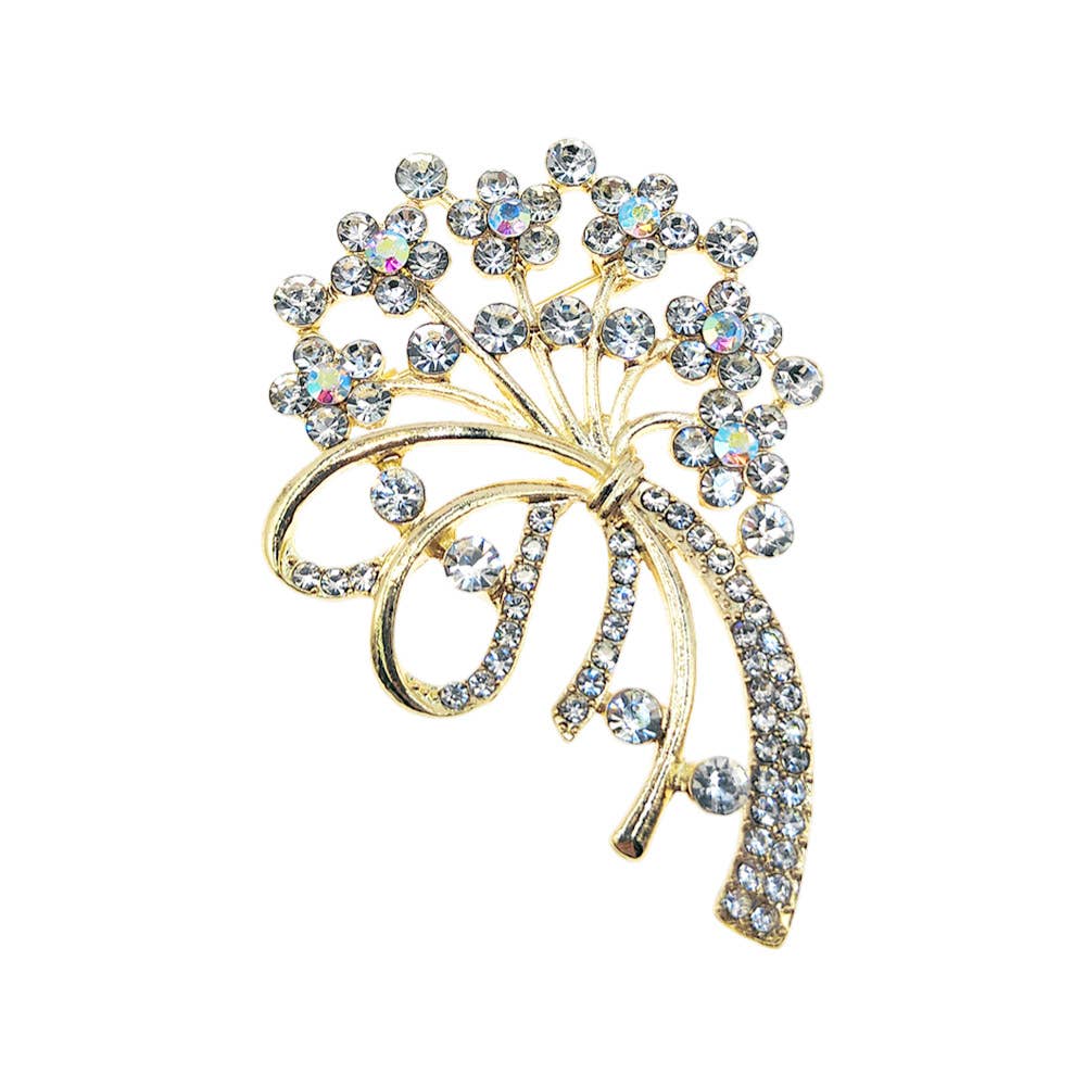 Rhinestone Flower Bouquet Bow Pin Brooches
