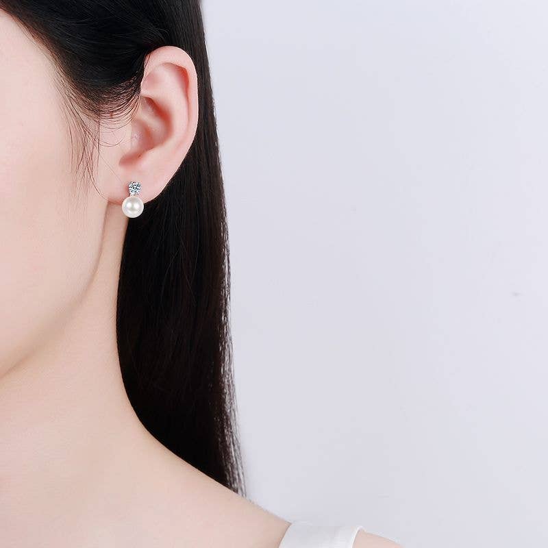 Moissanite Pearl Stud Drop Earrings in 925 Sterling Silver