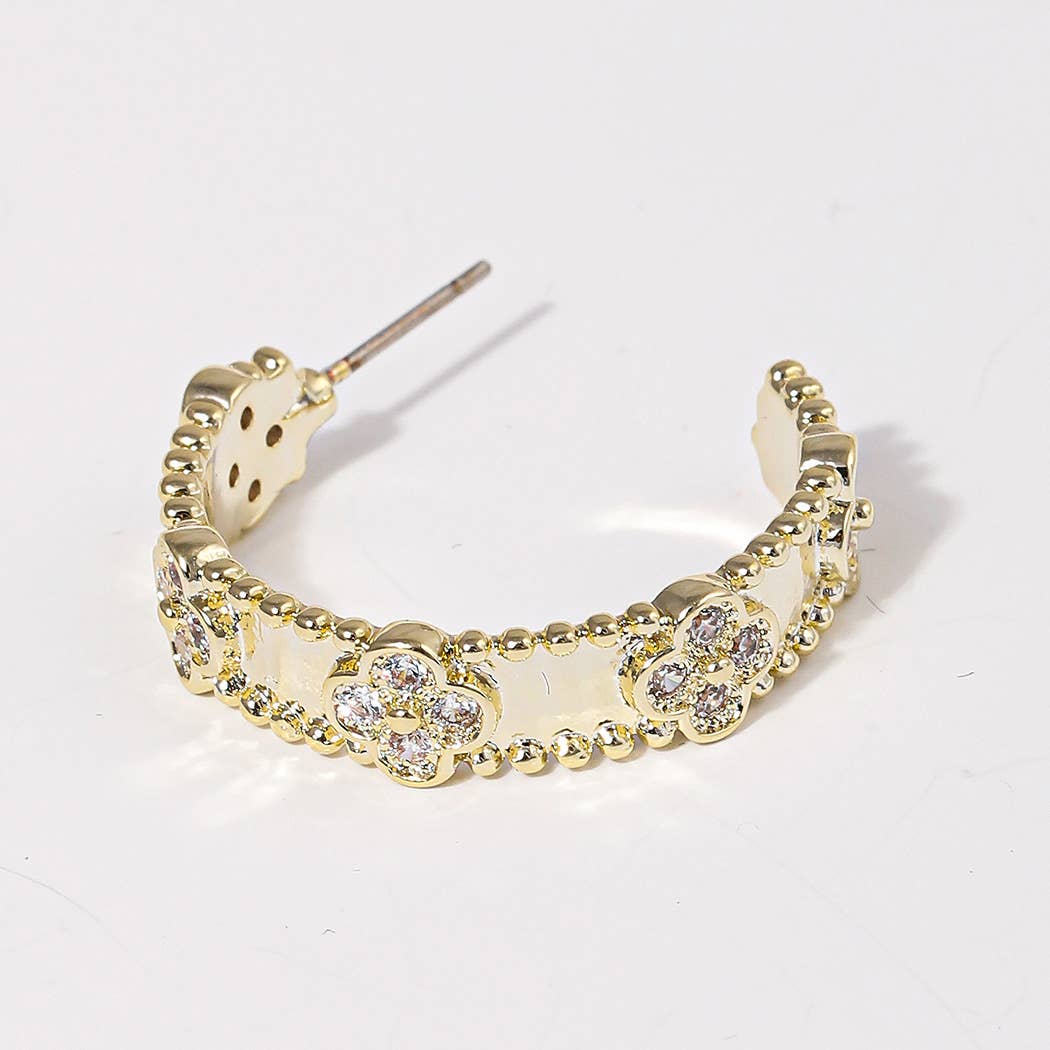 CZ Clover 14K Plated Hoop Post Earrings