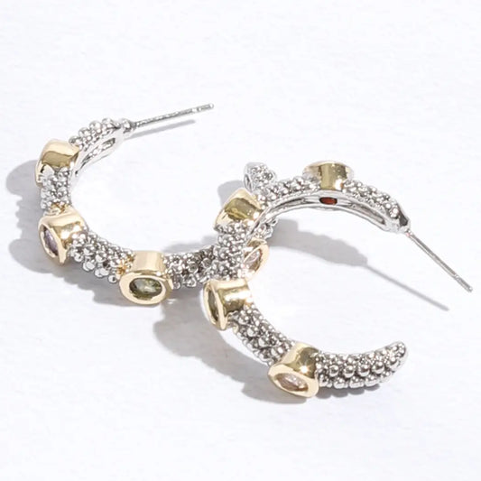 Cz Stones Gold Pointed Silver Hoop Post Earring