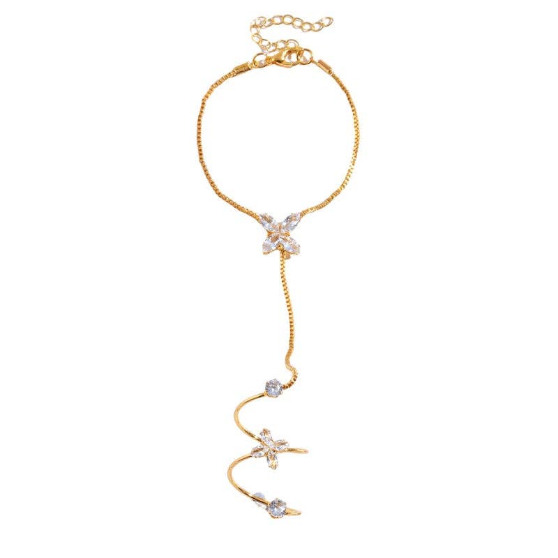 Four-Petal Flower CZ Hand Chain Bracelet in Solid Copper