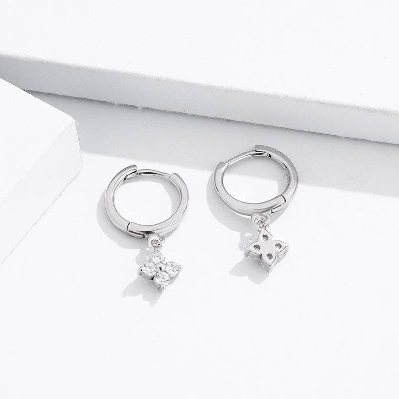 Four-Petal Flower Drop Hoop Earrings in 925 Sterling Silver