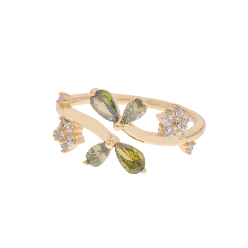 Dainty Gold Green Leaf Stacking Bypass Ring in Solid Copper