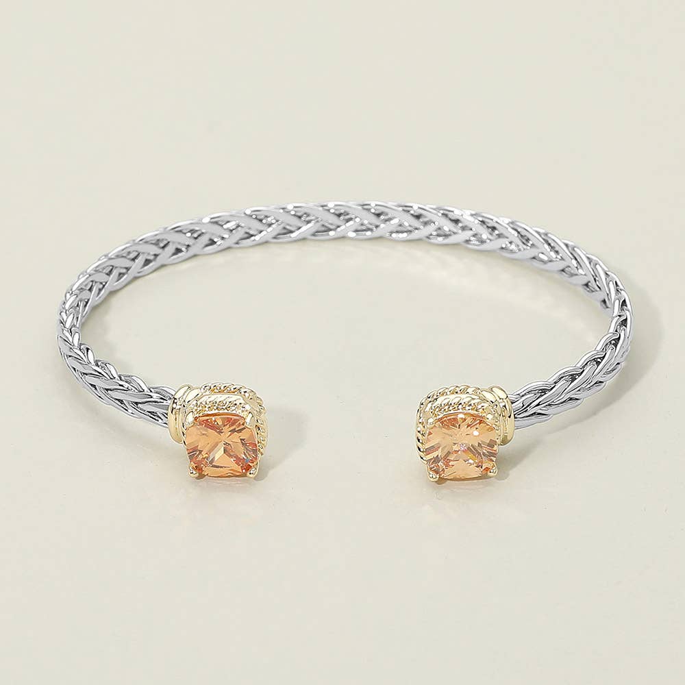 14K Gold Plated CZ Stone Tip Two Tone Braided Cuff Bracelet
