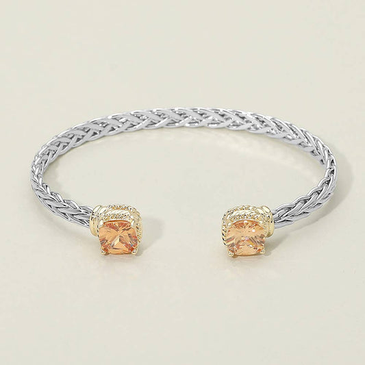 14K Gold Plated CZ Stone Tip Two Tone Braided Cuff Bracelet