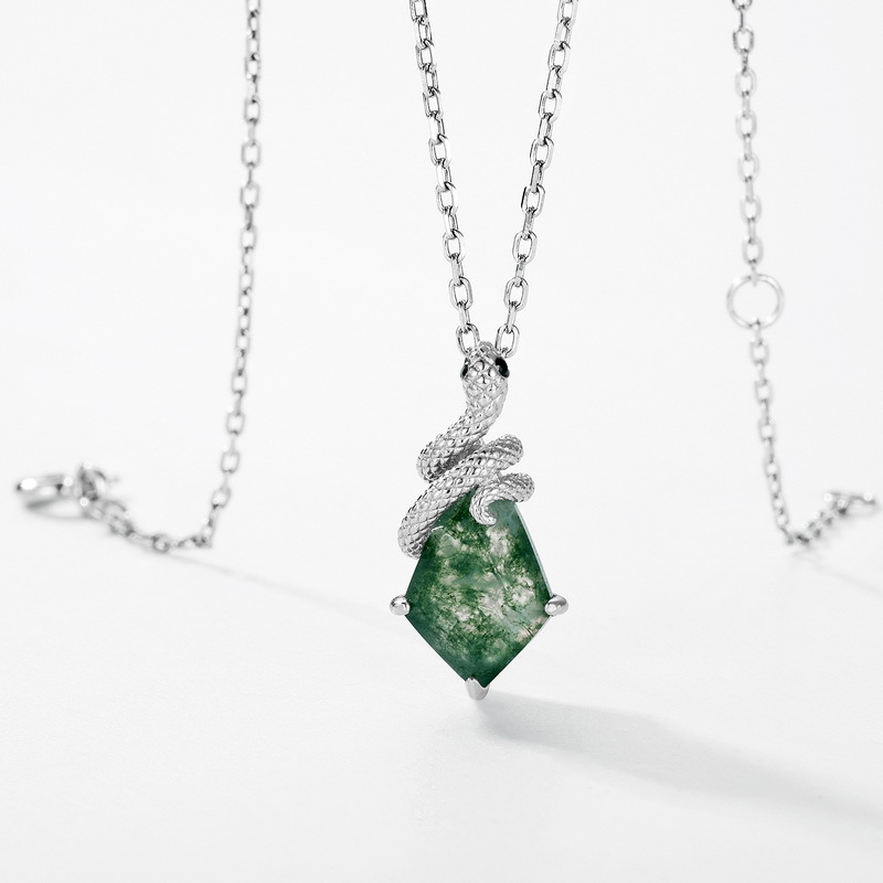 Green Moss Agate Snake Charm Necklace in 925 Sterling Silver
