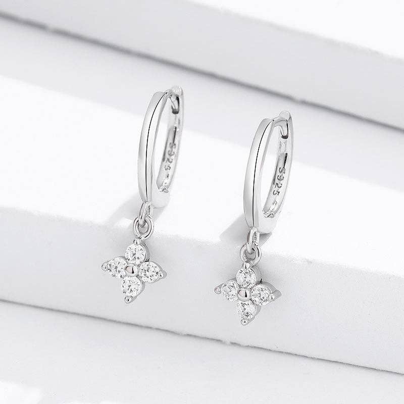 Four-Petal Flower Drop Hoop Earrings in 925 Sterling Silver
