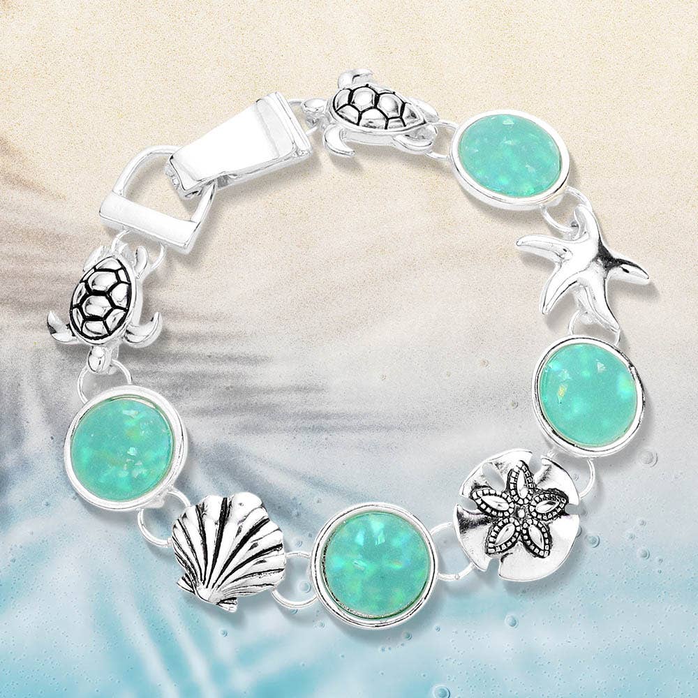 Sea Glass Embossed Metal Sea Life Magnetic Link Bracelet