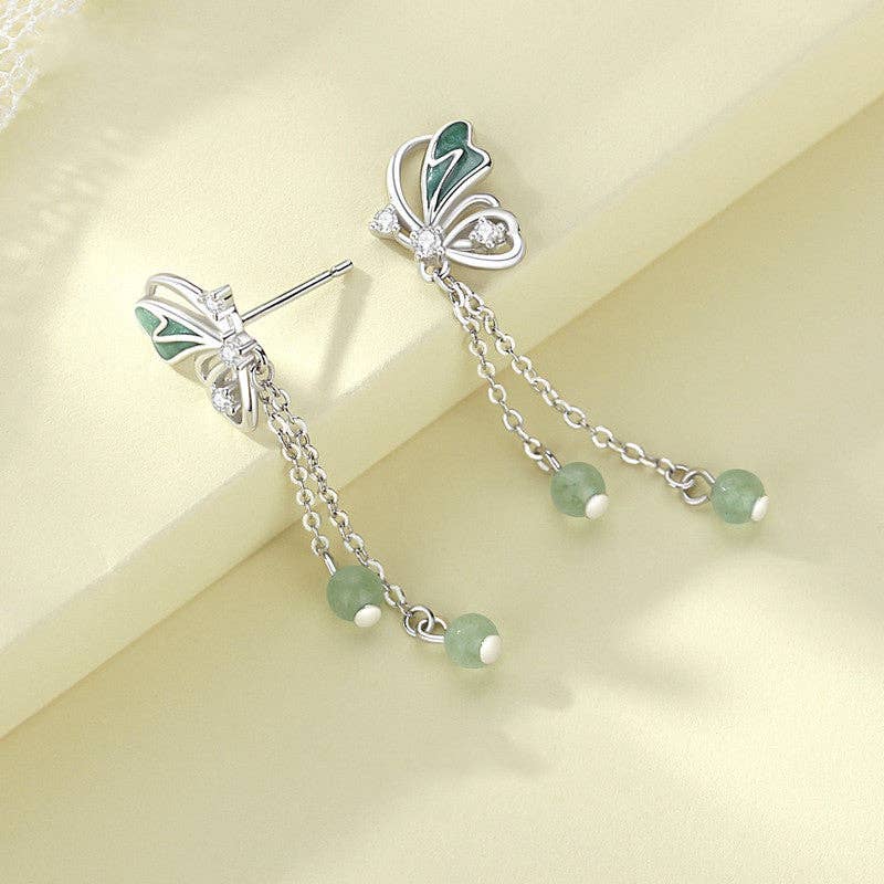 Green Butterfly Dangle Drop Earrings in 925 Sterling Silver