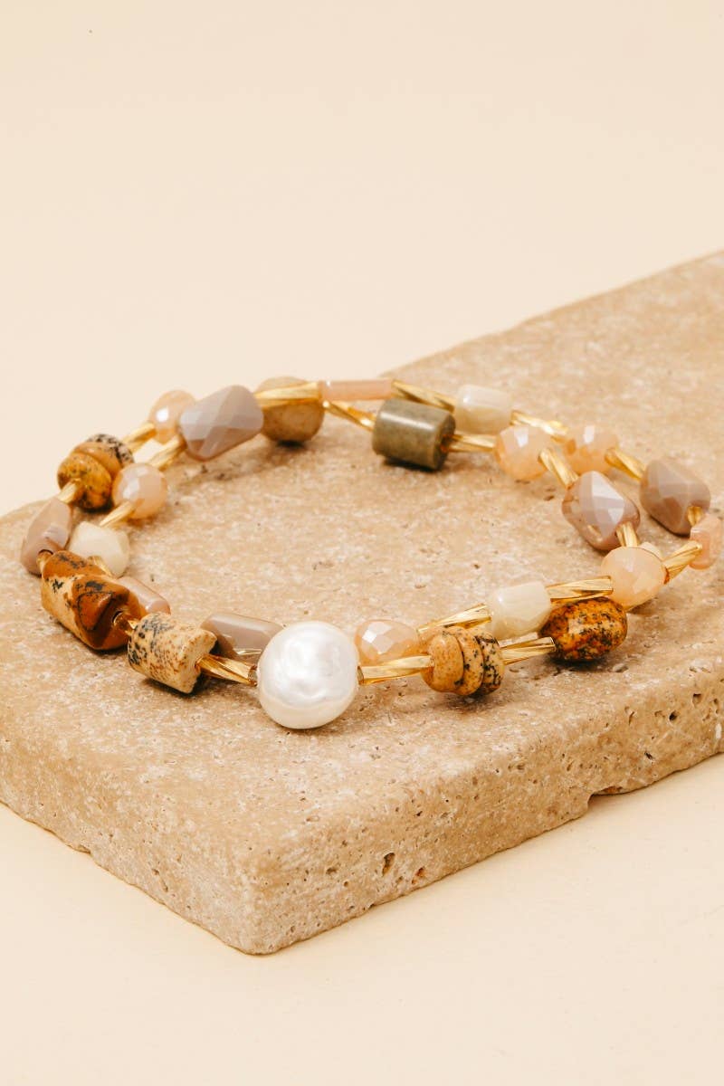 Pearl And Stone Beaded Elastic Bracelet Set