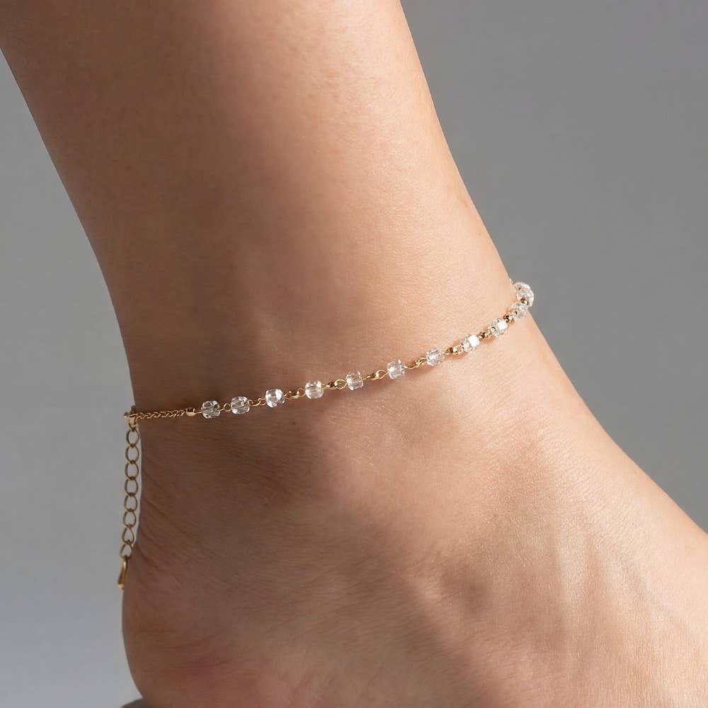 Faceted Mini Cube Beads Station Chain Anklet