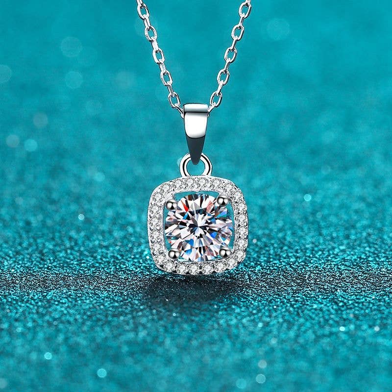 Four-Prong Halo Moissanite Necklace in 925 Sterling Silver