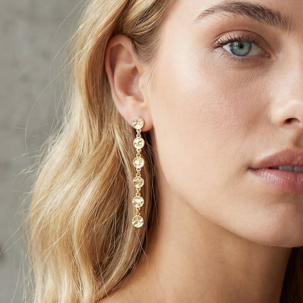 Two Tone Hammered Discs Chain Dangle Earrings