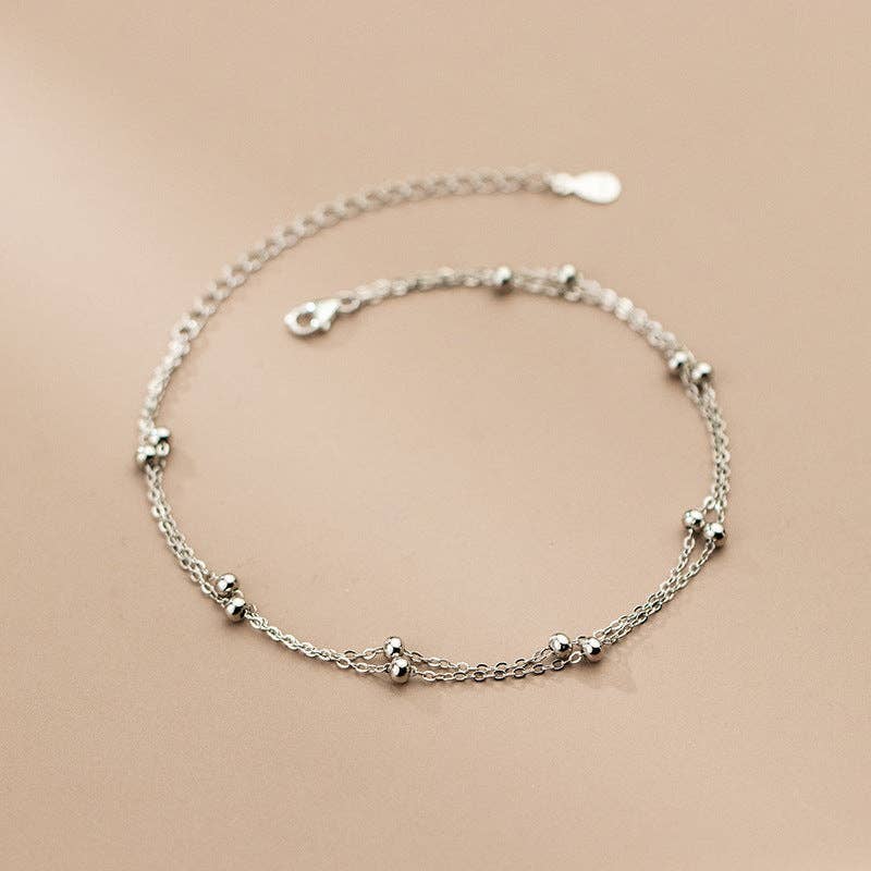 Dainty Bead Double Chain Anklet in 925 Sterling Silver