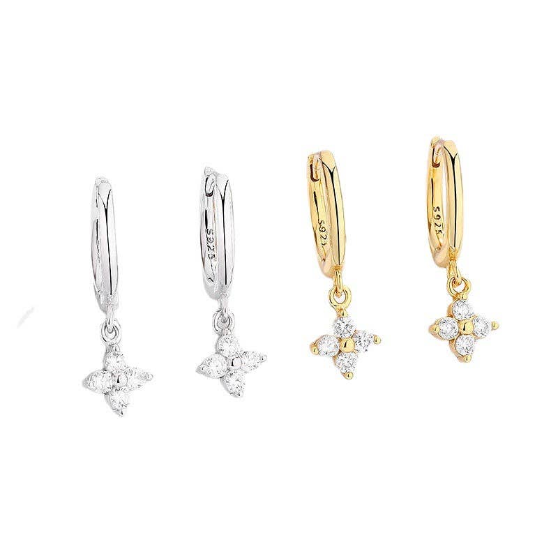 Four-Petal Flower Drop Hoop Earrings in 925 Sterling Silver