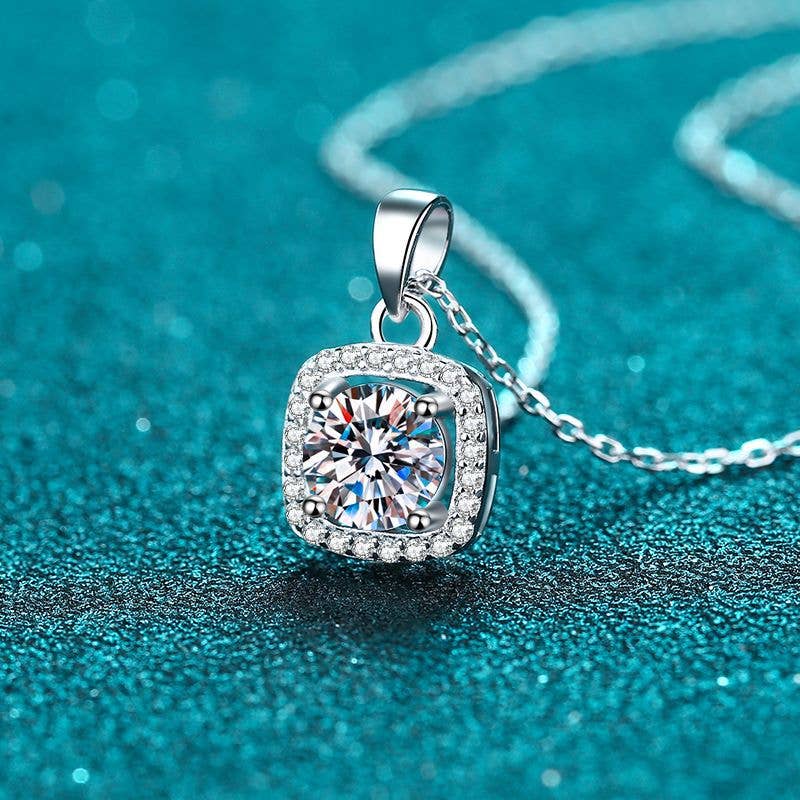 Four-Prong Halo Moissanite Necklace in 925 Sterling Silver