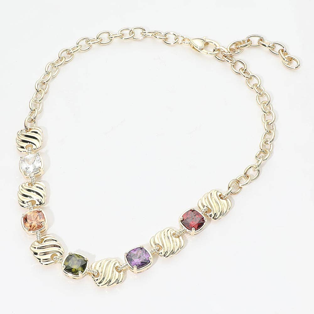 14K GP Multicolor Square CZ Cluster Necklace
