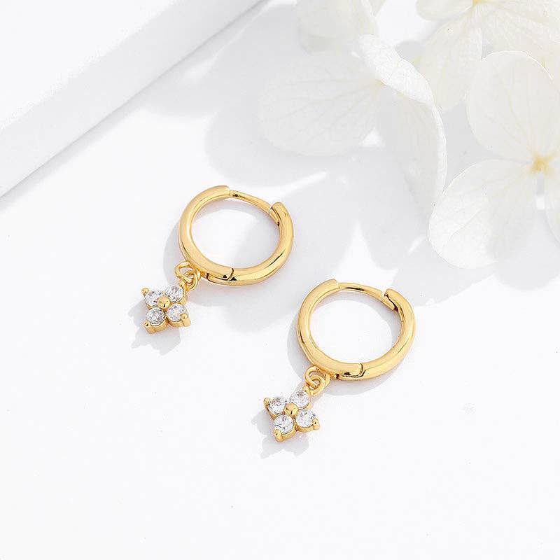 Four-Petal Flower Drop Hoop Earrings in 925 Sterling Silver