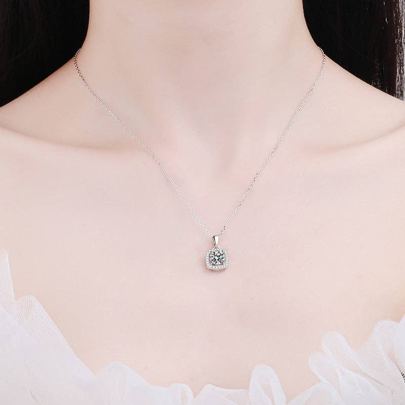 Four-Prong Halo Moissanite Necklace in 925 Sterling Silver
