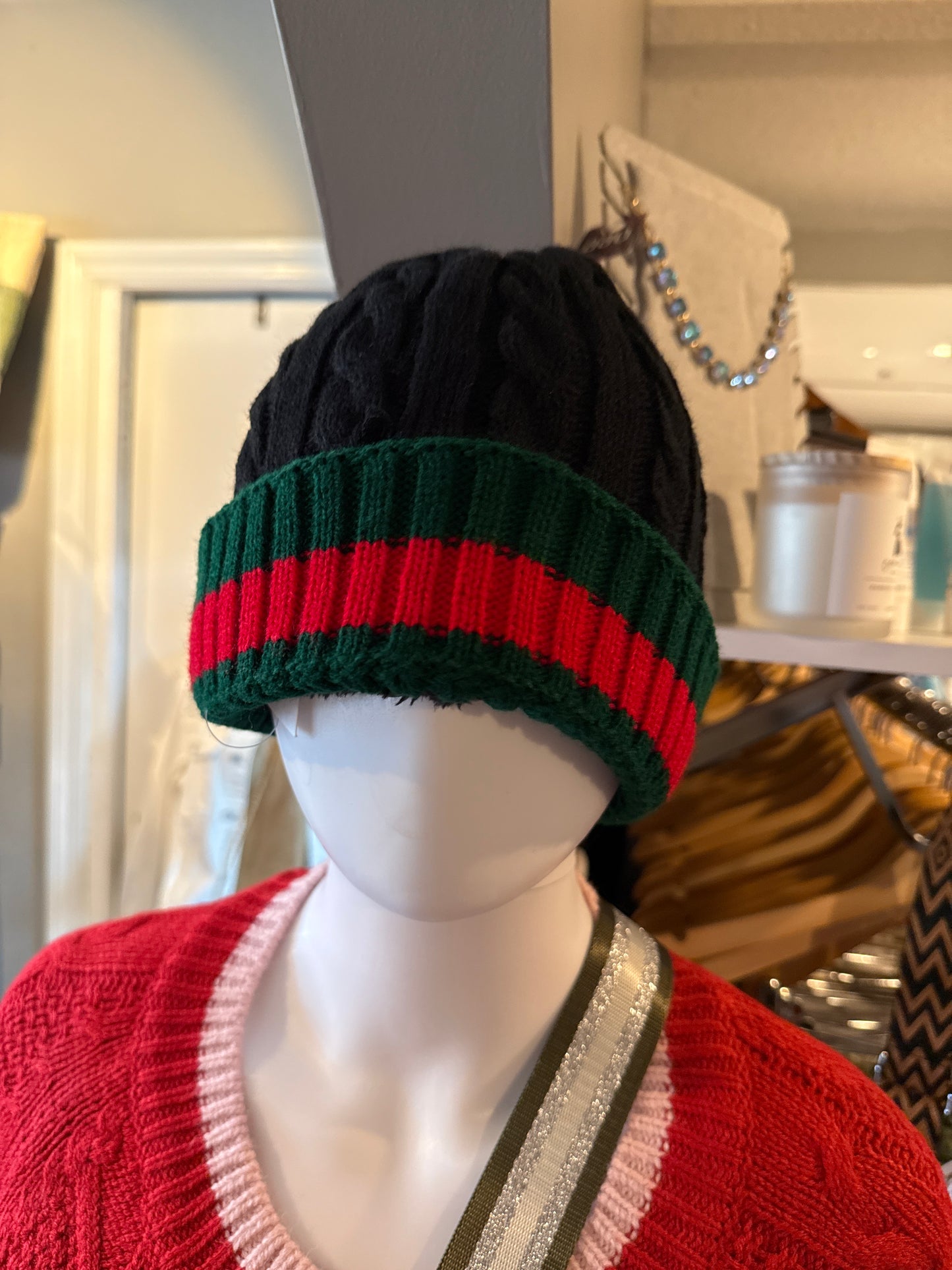 Blk GRN/RED Stripe Beanie