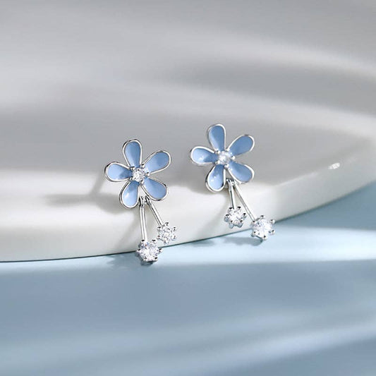 Blue Enamel Flower Stud Drop Earrings in 925 Sterling Silver