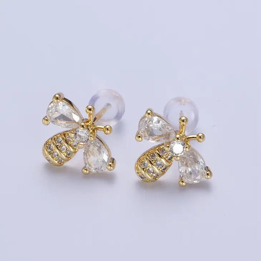 14K Gold Filled Micro Paved Bumble Queen Bee Cubic Zirconia Gold Stud Earrings |