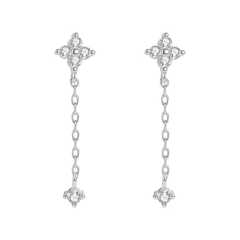Four Leaf Clover Chain Drop Earrings in 925 Sterling Silver