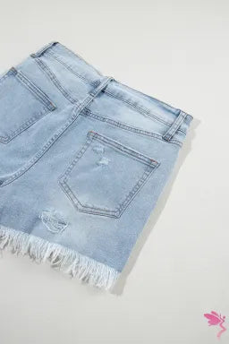 Light Blue Distressed Ripped Raw Hem High Waist Denim Shorts