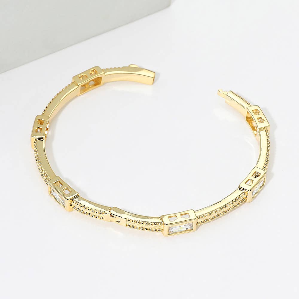 14K Gold Plated Geometric Rectangular CZ Stone Link Hinged Bangle Bracelet