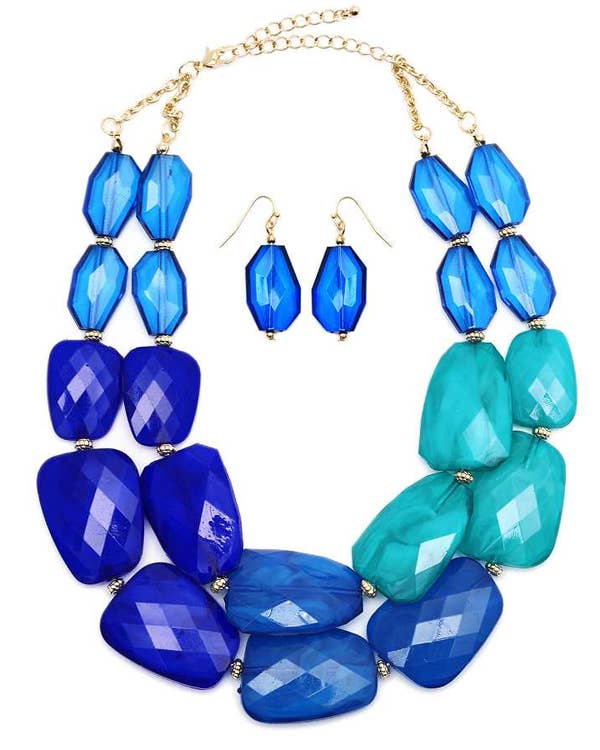 FACET RESIN STONE DOUBLE CHAIN NECKLACE SET
