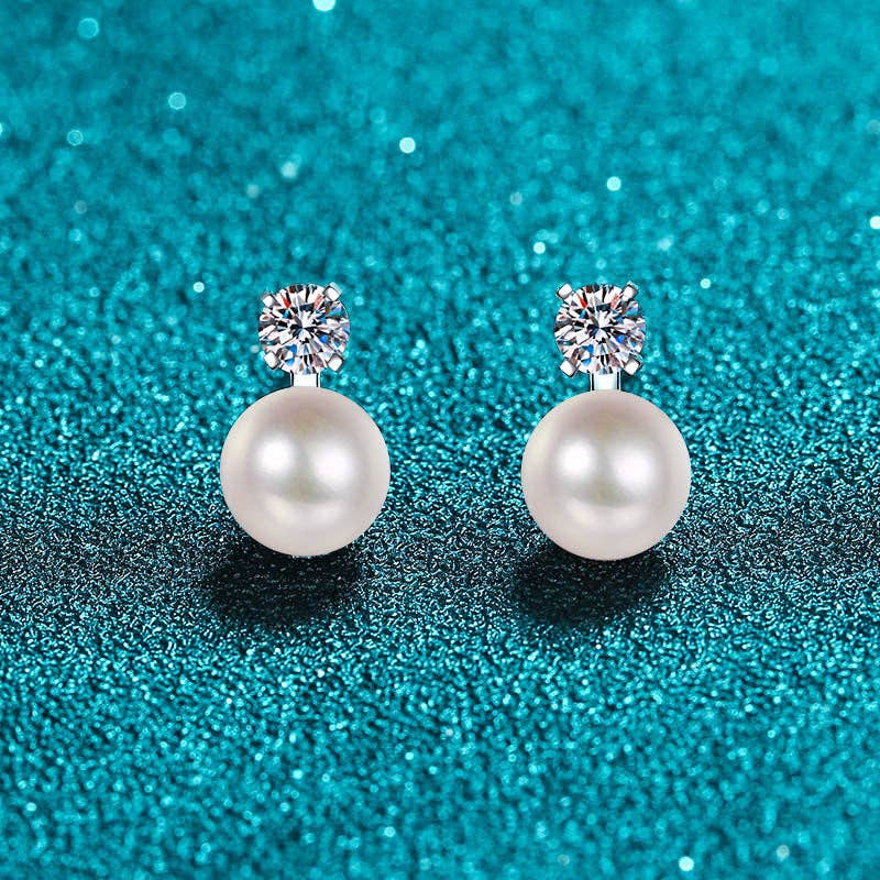 Moissanite Pearl Stud Drop Earrings in 925 Sterling Silver