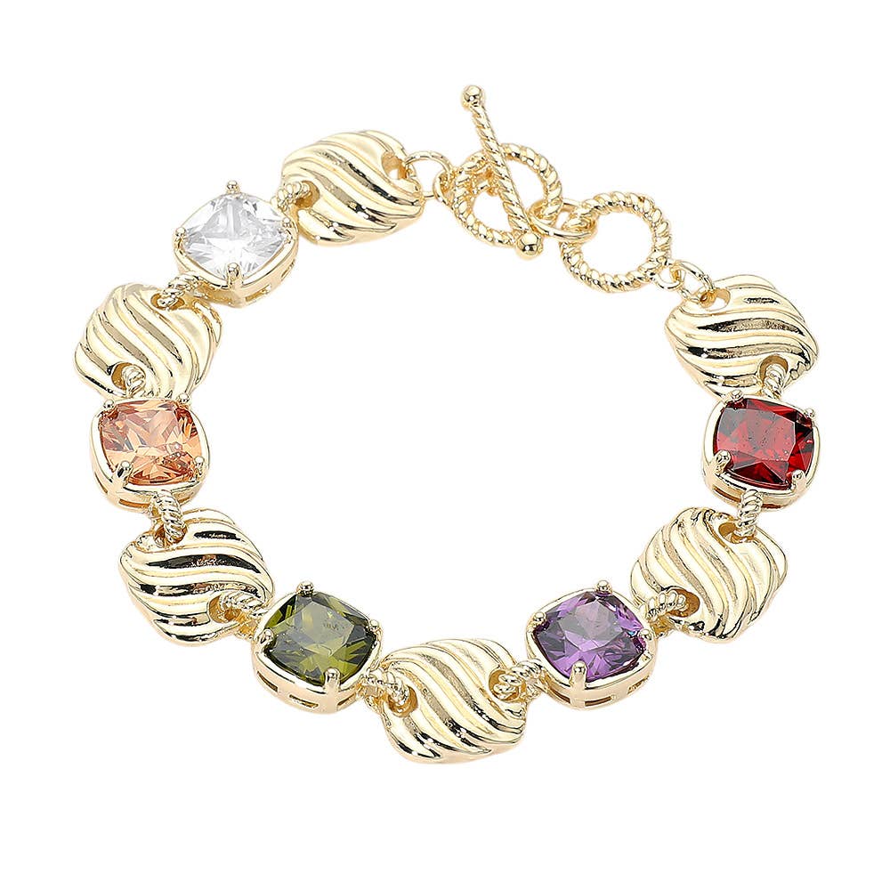 14K Gold Plated Multicolor Square CZ Cluster Textured Plate Link Toggle Bracelet
