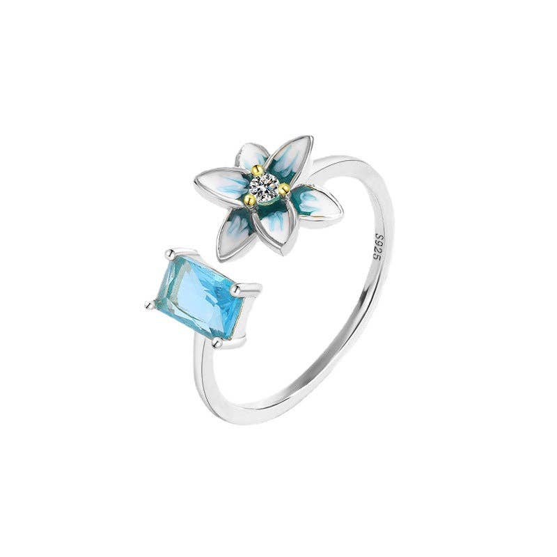 Blue Enamel Flower Stacking Band Ring in 925 Sterling Silver