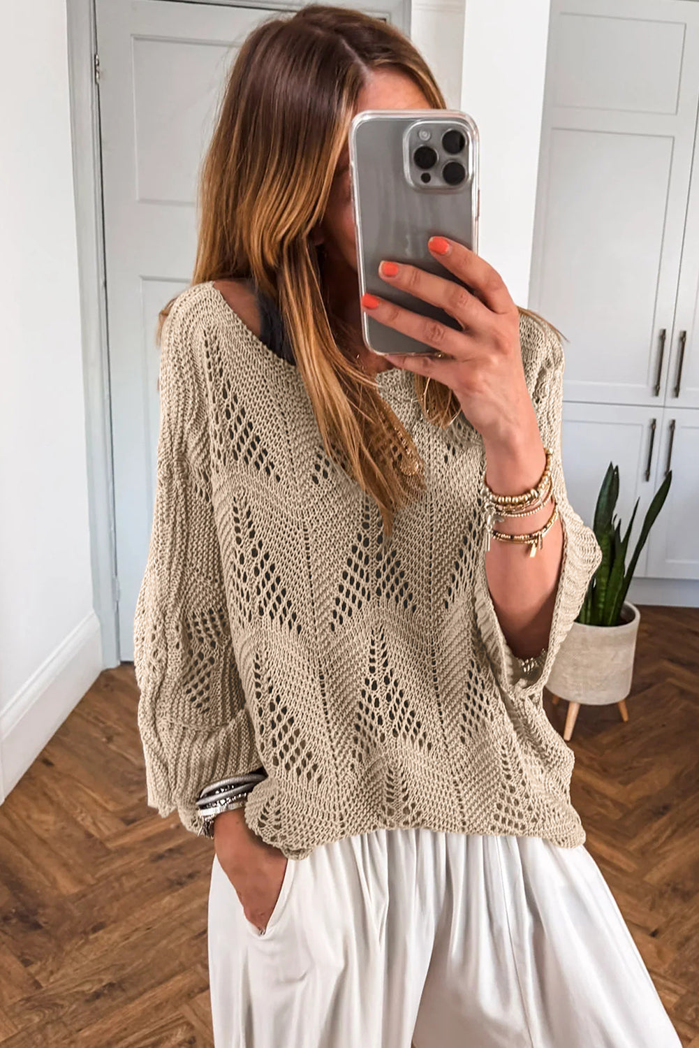 Parchment Hollow Out Knit 7/8 Sleeve Casual Sweater