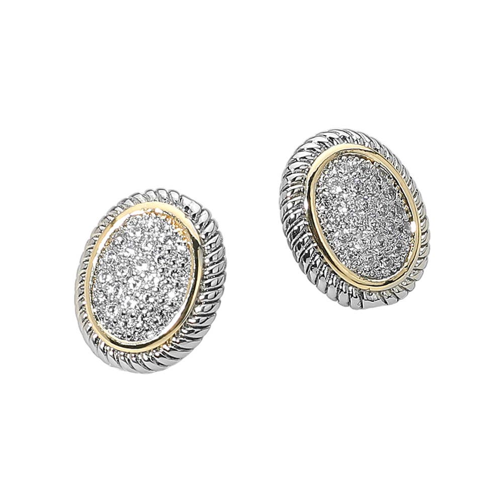 14K Gold Plated Two Tone CZ Stone Paved Oval Stud Earrings