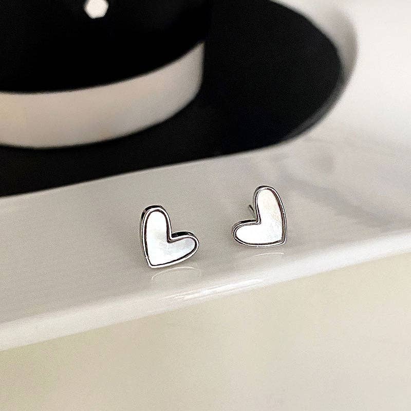 Mother Of Pearl Heart Stud Earrings in 925 Sterling Silver