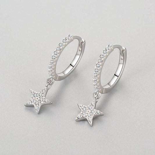 Star Dangle Drop Hoop Earrings 925 CZ